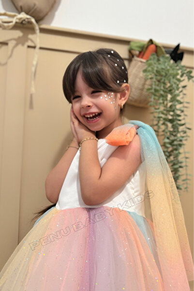 penu baby kids Omuzdan Bağlamalı Eteği Renk Geçişli Kız Çocuk Kız Bebek Elbise-COLORFUL