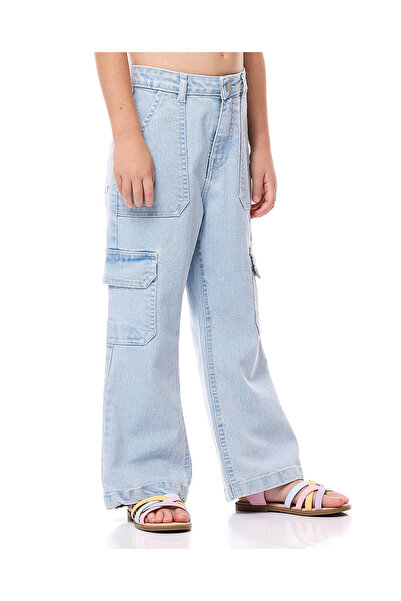 R&B Washed Cargo Flared Jeans with Button Closure