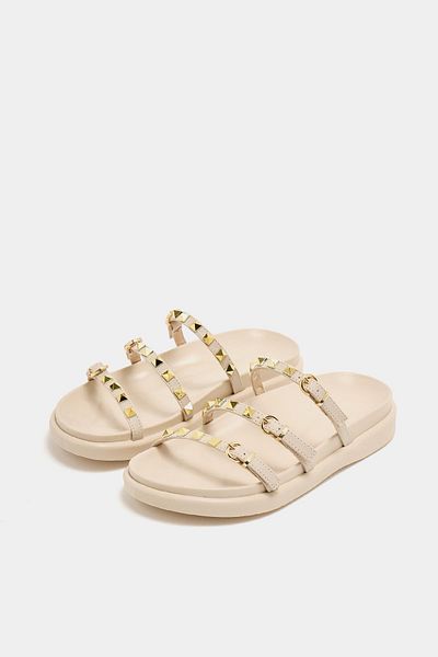 Madamra Cream Women's Gold Staple Detailed Trend Slippers