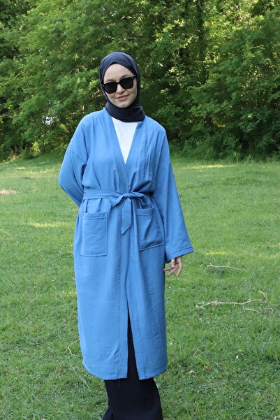 ilmek 5301 Жіночий довгий кімоно з кишенями та поясом, індиго