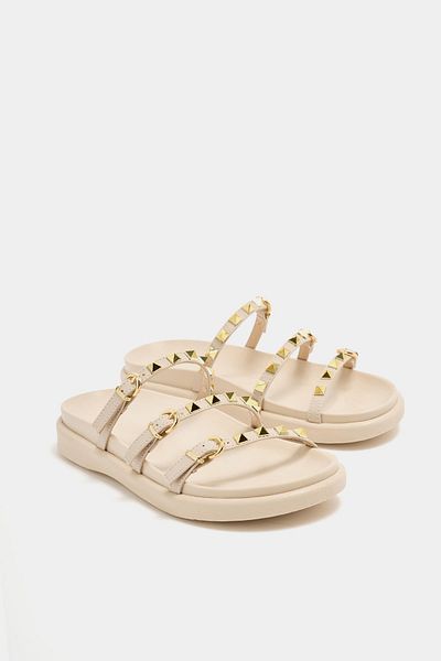 Madamra Cream Women's Gold Staple Detailed Trend Slippers