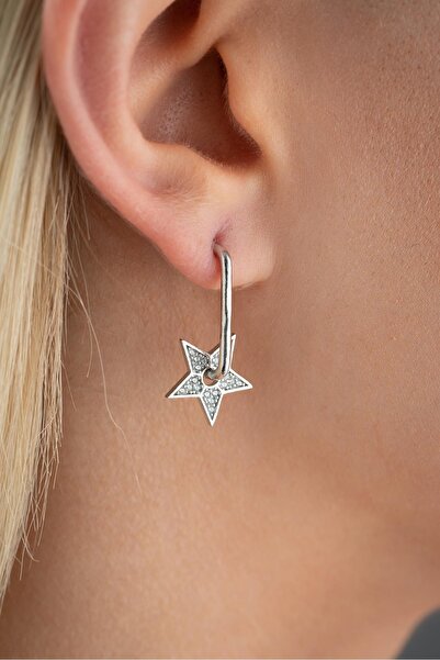 Nereze 925 Ayar Gümüş Rodyum Kaplama Zirkon Taşlı Yıldız Küpe