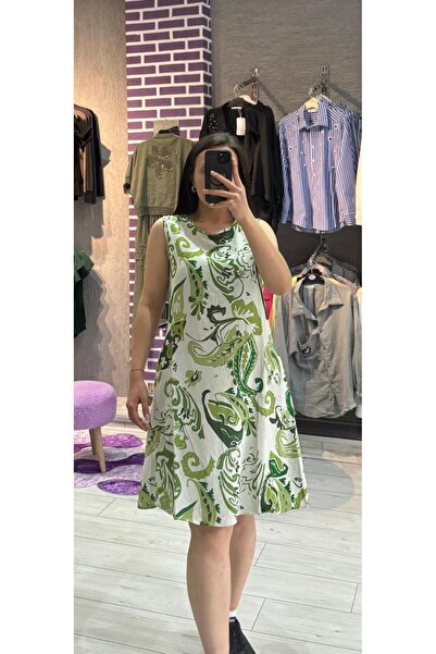 TRENDBUTİK Elbise Yeşil Çiçekli Yazlık Sıfır Kol Rahat Kadın