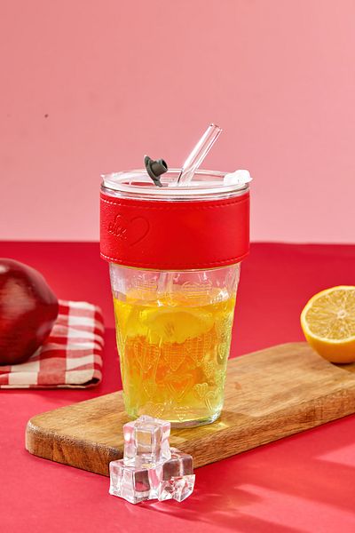 Espas Home Premium Glass Cup - Stripe Detailed, Straw, Leakproof Lid / Red Stripe - Single