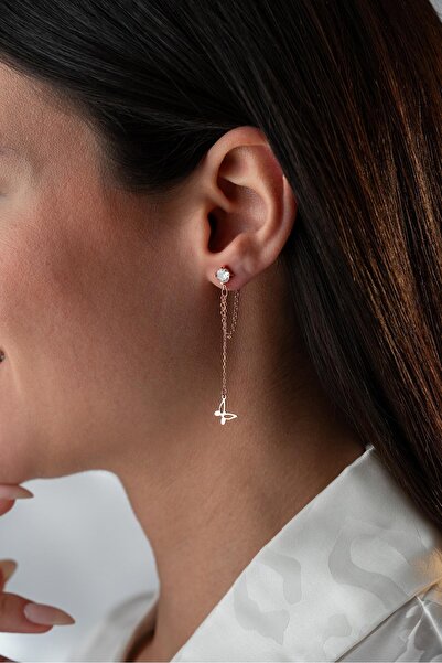 Nereze 925 Ayar Gümüş Rose Kaplama 5 Mm Tektaş Sallantılı Zincir Sade Kelebek Küpe