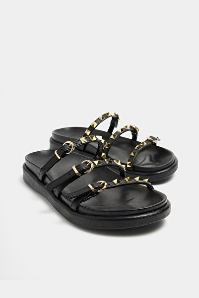 Madamra Black Women's Gold Staple Detailed Trend Slippers