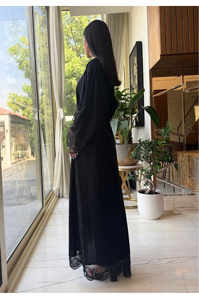 Jameela Jet Black Open Abaya with Floral Lace Sleeves 3pcs Set (Abaya, Inner & Hijab) with Belt