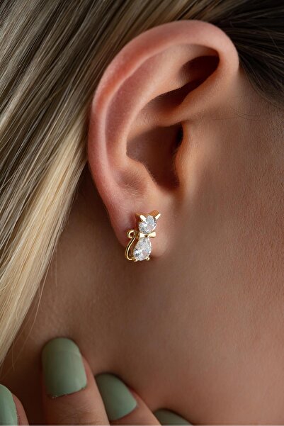 Nereze 925 Ayar Gümüş Gold Kaplama Beyaz Zirkon Taşlı Kedi Küpe