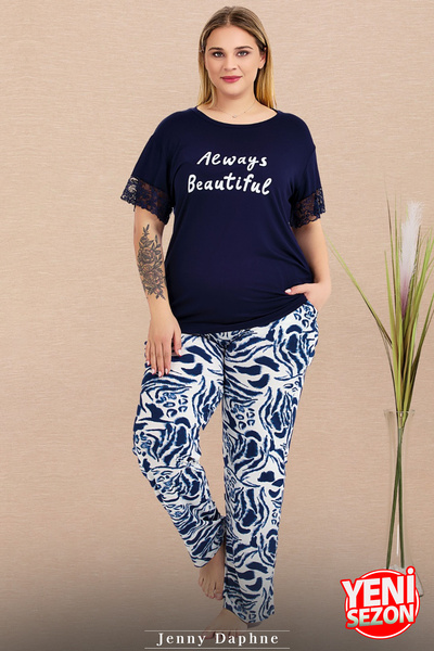 Jenny Daphne Set de pijamale cu mânecă scurtă cu volan, cu model floral, pentru femei, mărime mare, cu buzunare 11024