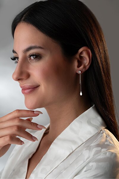 Nereze 925 Ayar Gümüş Rodyum Kaplama 5 Mm Tektaş Sallantılı Zincir Sade Damla Model Küpe