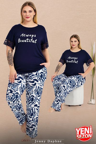 Jenny Daphne Set de pijamale cu mânecă scurtă cu volan, cu model floral, pentru femei, mărime mare, cu buzunare 11024