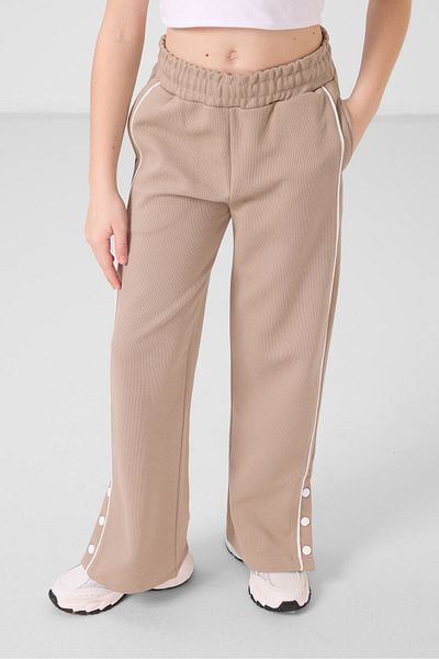 TOMMY LIFE Ecru-Dark Beige O Neck Printed Wide Leg Snap Detail Girls Palazzo Tracksuit Set - 75172