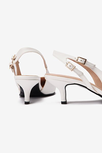 Seniorah White Skin Double Buckle Women's Heeled Shoes