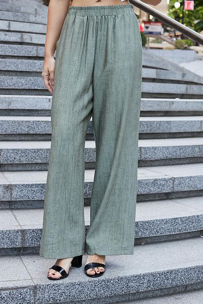Jument Women's Linen Look Lycra Free High Waist Elastic Waist Side Pockets Wide Leg Palazzo Trousers-Khaki