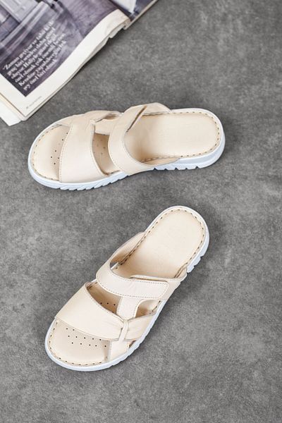 DERİMİSS Women's Genuine Leather Velcro Orthopedic Flat Slippers