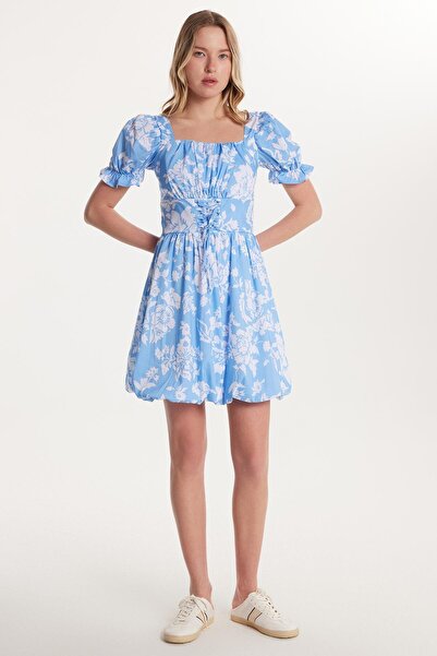 Tudors Kadın Standart Fit Pamuklu Kısa Kollu Lastikli Beli Büzgülü Bağlama Detaylı U Yaka Elbise