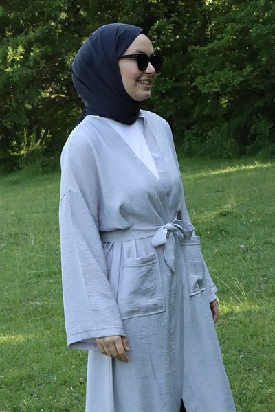 ilmek 5301 Women's Long Kimono with Pockets and Belt Gray