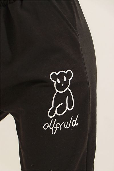 VAGGON Women's Black Black Teddy Bear Printed Two Thread Sweatpants with Elastic Legs Vgn-X7956