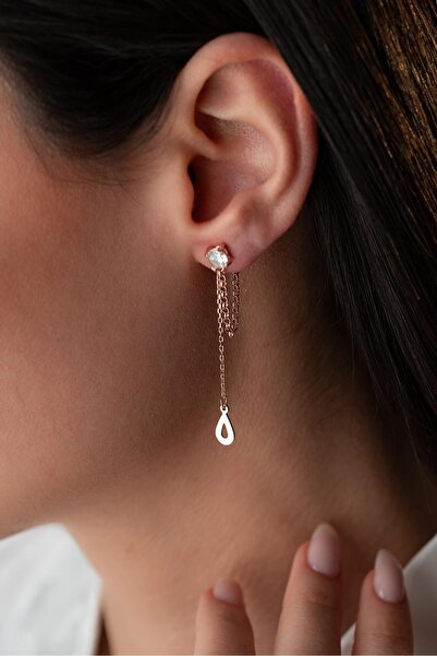 Nereze 925 Ayar Gümüş Rose Kaplama 5 Mm Tektaş Sallantılı Zincir Su Damlası M...