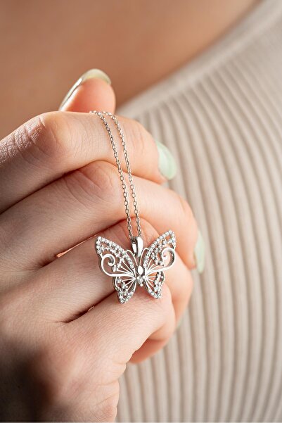 Nereze 925 Ayar Gümüş Rodyum Kaplama Zirkon Taşlı Kelebek Tasarım Kolye