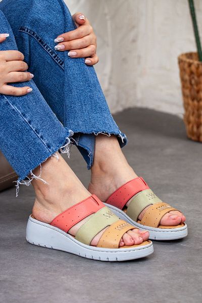 DERİMİSS Women's Genuine Leather Extra Padding Heeled Orthopedic Slippers