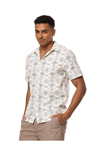 R&B Patterned Shirt with Spread Collar and Short Sleeves