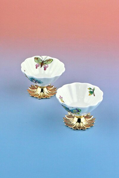 Bursa Porselen Dekor بروش زهور 2 وعاء بورسلين تركي على أرجل معدنية