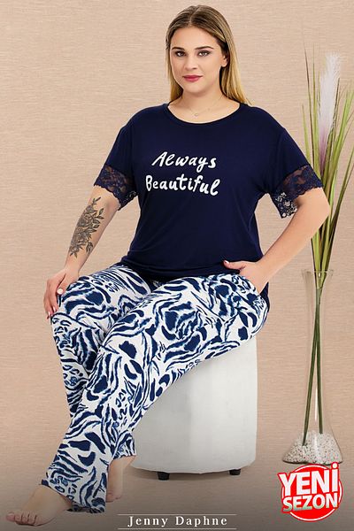 Jenny Daphne Set de pijamale cu mânecă scurtă cu volan, cu model floral, pentru femei, mărime mare, cu buzunare 11024