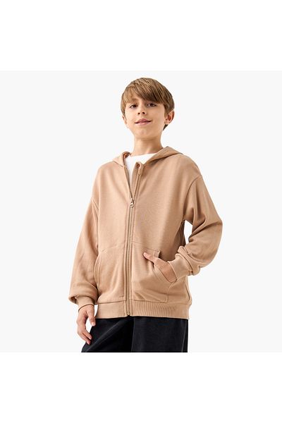 Juniors سويت شيرت سادة بغطاء رأس وأكمام طويلة وسحاب للإغلاق