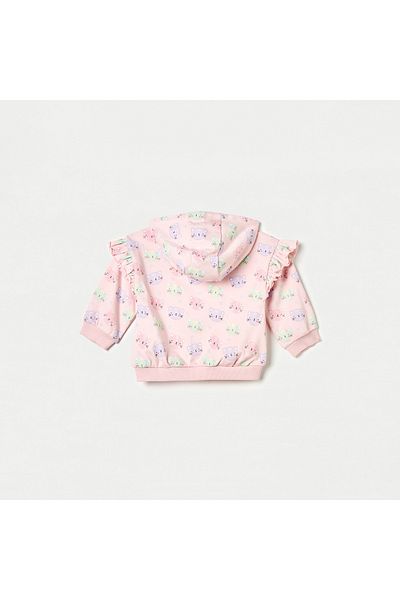 Juniors All-Over Cat Print Hooded Sweatshirt With Ruffle Detail And Zip Closure