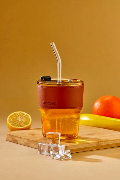 Espas Home Premium Glass Cup – Stripe Detailed, Straw, Leakproof Lid / Bronze