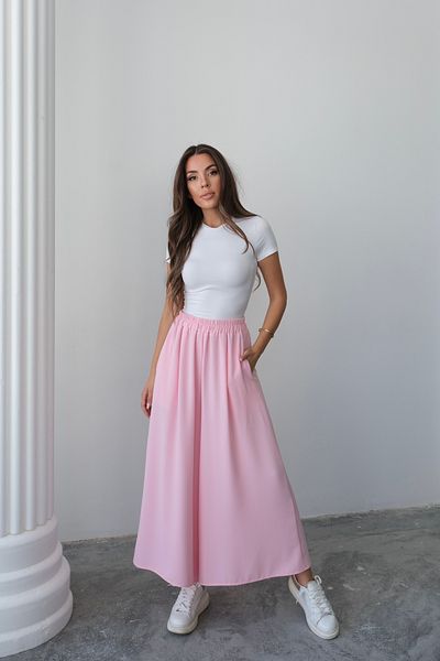 Hatun Atila Wide Cut Flared Double Crepe Trouser Skirt with Elastic Waist - Pink