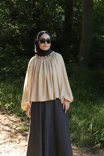 ilmek 25030 Γυναικεία μπλούζα με κορδόνια με πτυχωτό ύφασμα Crinkle Casual Blouse Mink