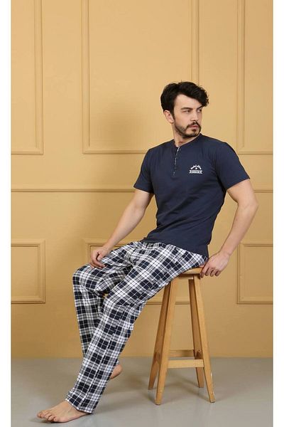 dealp Ανδρικό Navy Blue 100% βαμβακερό σετ καλοκαιρινές πιτζάμες με κέντημα με κουμπιά με γιακά