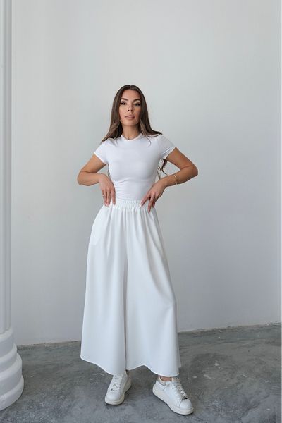 Hatun Atila Wide Cut Flared Double Crepe Trouser Skirt with Elastic Waist - White