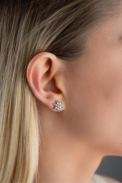 Nereze 925 Ayar Gümüş Gold Kaplama Mavi Zirkon Taşlı Lotus Çiçeği Küpe