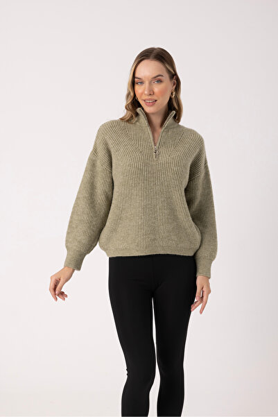 Azef HAKİ yumşak dokulu fermuar detaylı kazak