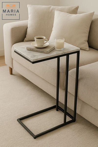 MARIA HOMES Rectangular Side Table with White Marble-Look Top and Black Frame