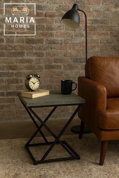 MARIA HOMES Stone-Look Square Table with Black Industrial X-Frame Base