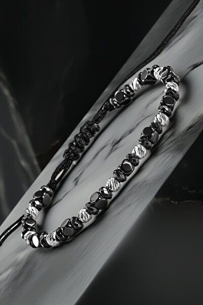 OSMANLI GÜMÜŞ Siyah Hematit Taşlı Ayarlanabilir İpli 925 Ayar Gümüş Detaylı E...