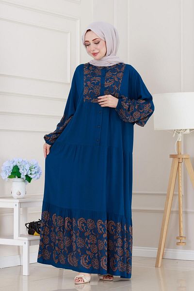 Sevitli Half Button Robe Beyza Dress-Indigo