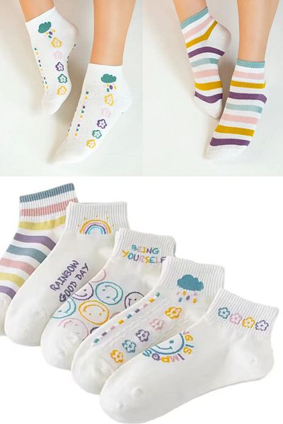 Esinti 5 Pairs Women's Ankle Length Pastel Colored Rainbow Booties Socks Set 5 Pieces
