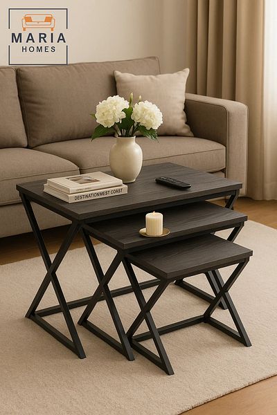 MARIA HOMES 3-Piece Nesting Table Set with Dark Wood Tops and X-Style Bases