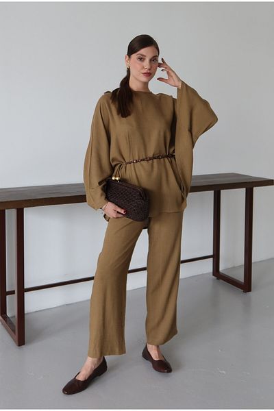 Laluvia Khaki Beaded Belted Cape Suit - 8693