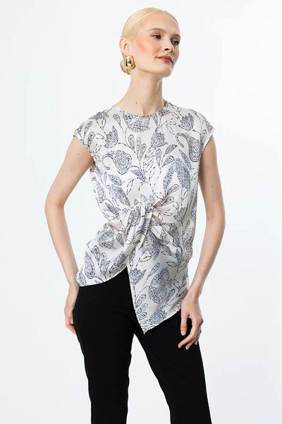 Ekol Women's Sleeveless Round Neck Gathered Blouse 3108 Ecru