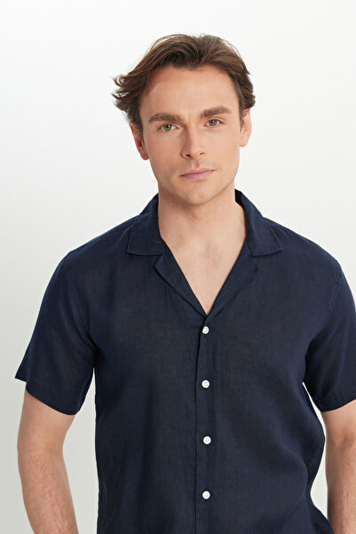 ALTINYILDIZ CLASSICS Чоловіча сорочка темно-синя з льону, комфортний крій, вільний крій, гавайський комір