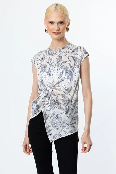 Ekol Women's Sleeveless Round Neck Gathered Blouse 3108 Ecru