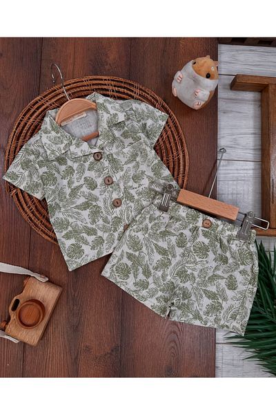 bebicix Hawaiian Linen Front Buttoned Patterned Shorts Shirt Summer Baby Boy Suit