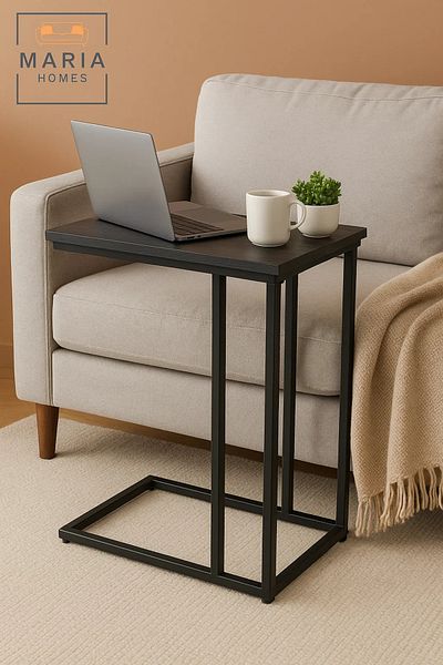 MARIA HOMES Wooden Oval Console Table with Round Shelf – Gold Rim Accent, Black Legs