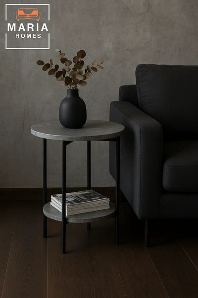MARIA HOMES Round Stone-Texture Side Table with Lower Shelf and Black Metal Frame
